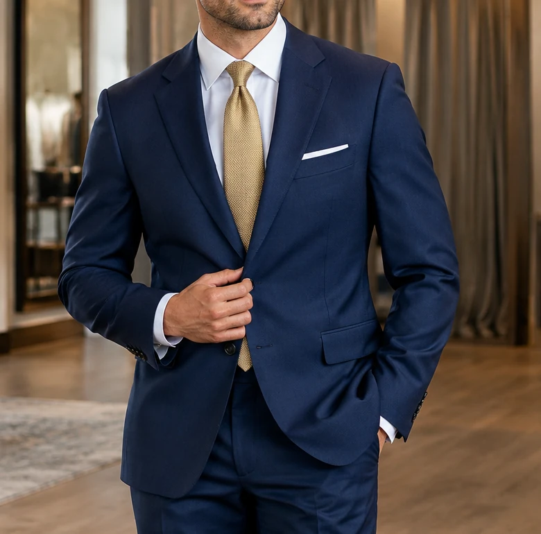 Close-up of a fitted navy suit jacket