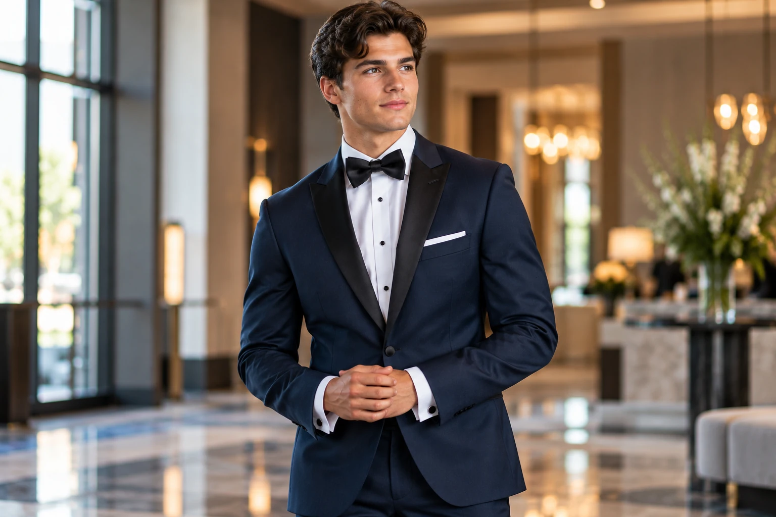 Navy tuxedo with black satin lapels