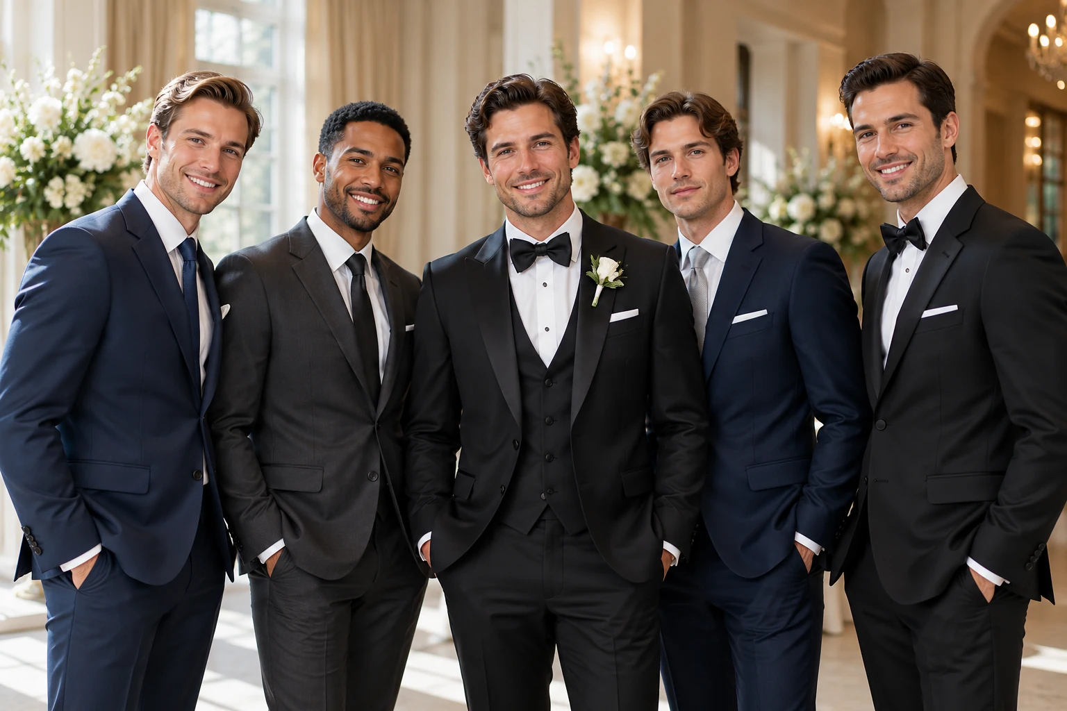 Wedding party in coordinated formalwear